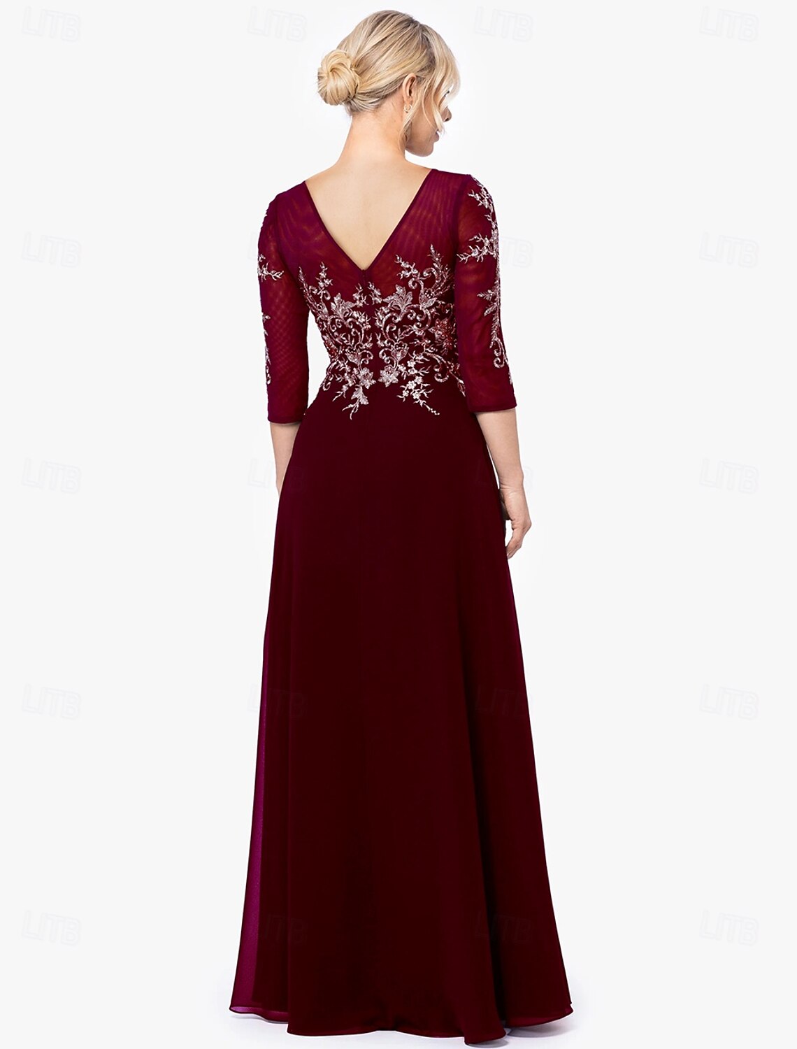 Buyishang A-Line Dress Mother of the Bride Dress Elegant Jewel Neck Floor Length Chiffon Half Sleeve with Appliques Color Block free custom size